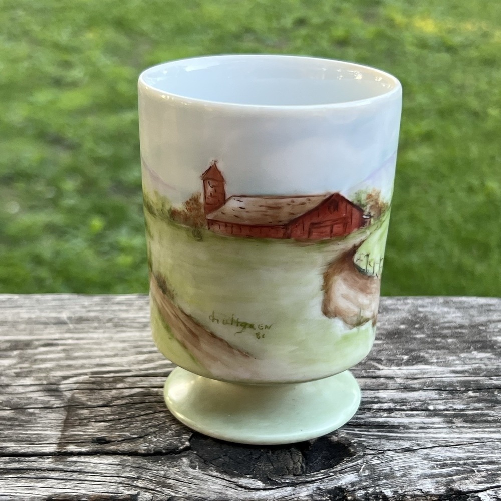 Vintage Hand Painted Farm Scene Pedestal Mug Personalized Signed 1981 - Picture 2 of 9